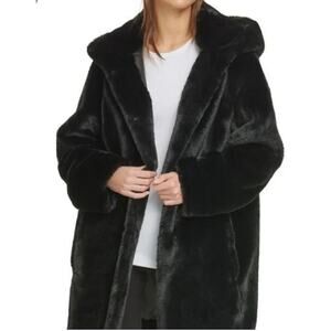 Women DKNY Black Faux Fur Hooded Coat Jacket Pockets Sz XL $380